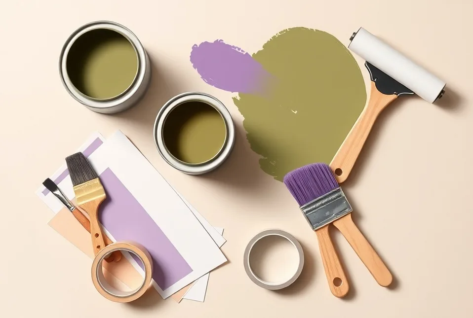 Pots de peinture, nuancier, brosses et rouleaux disposés à plat