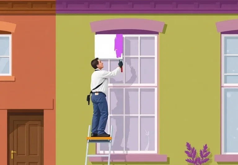Peintre sur échafaudage traitant la façade d'une maison
